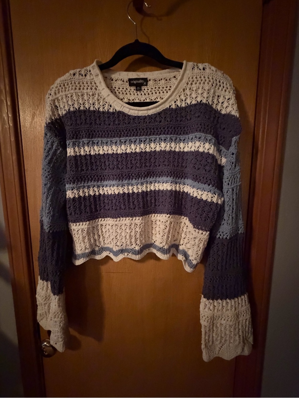 Striped Crochet Crewneck Sweater - Blue & Cream